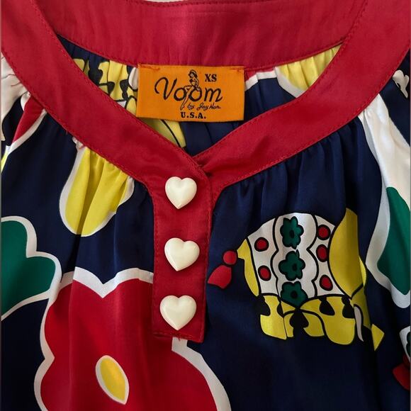 Voom Joy Han Floral Elephant Print Silk Art to Wear Shirt Dress Flared, XS - Picture 3 of 10